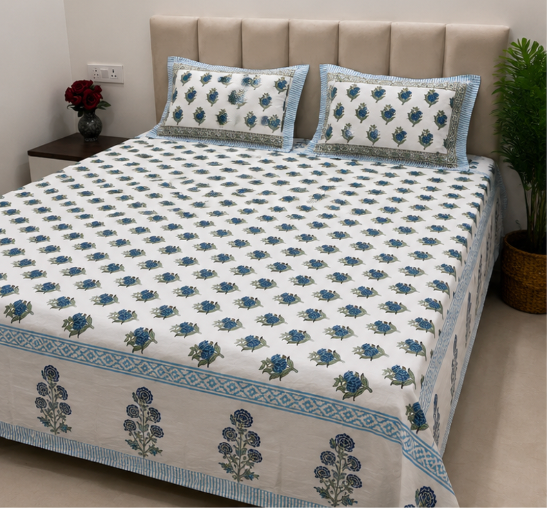 Hand Block Printed Pure Cotton Double Bedsheet with Pillow Covers (Blue Lotus Bloom)