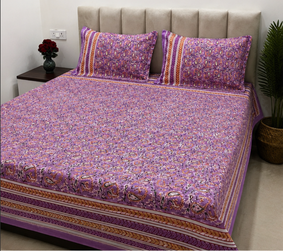 Lavender Paisley Hand Block Printed Double Bedsheet with Pillow Covers