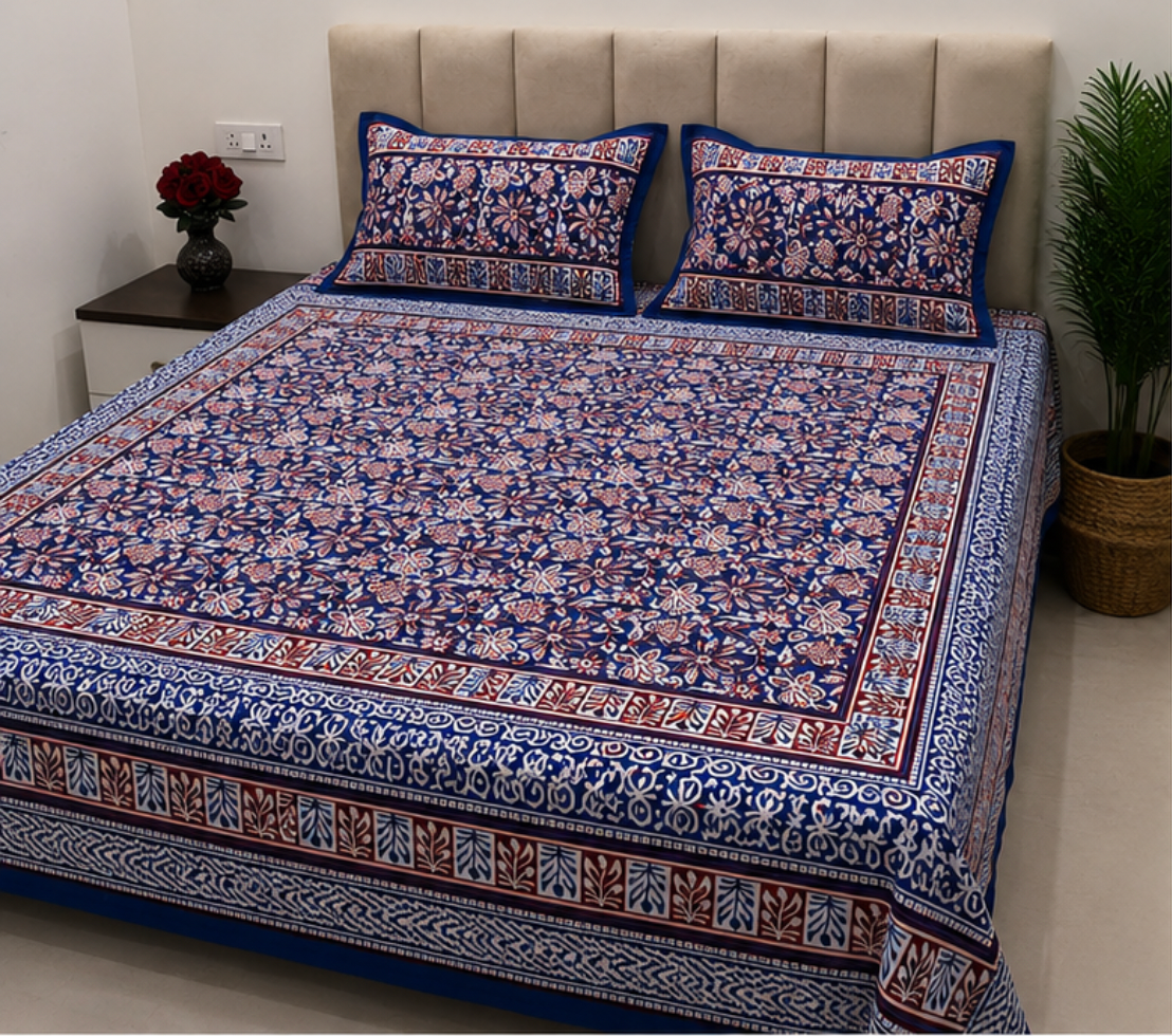 Royal Indigo Floral Hand Block Printed Double Bedsheet with Pillow Covers