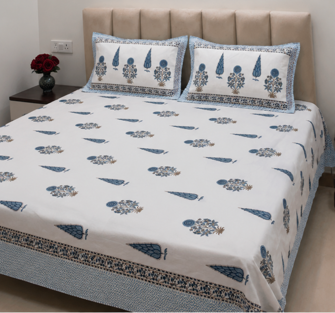 Azure Mughal Motif Hand Block Printed Double Bedsheet with Pillow Covers
