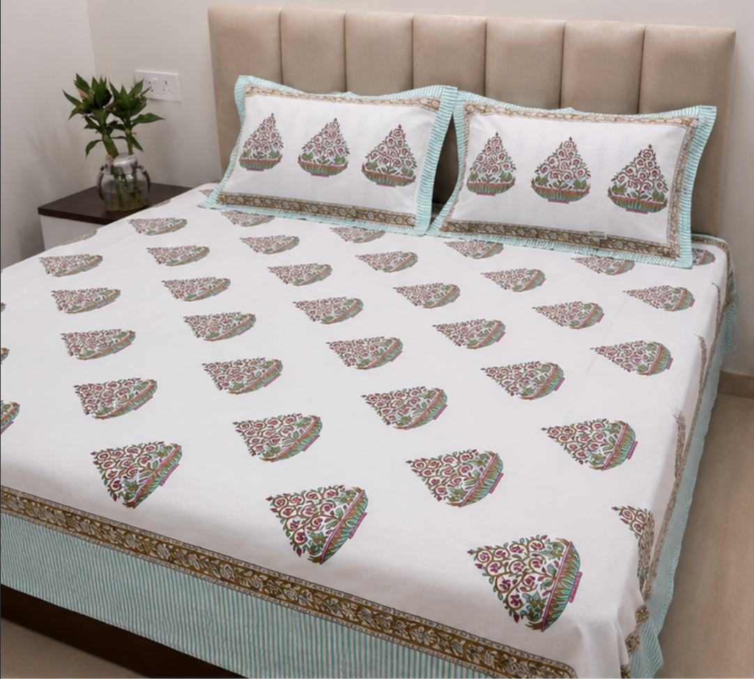Pastel Bloom Hand Block Printed Double Bedsheet with Pillow Covers