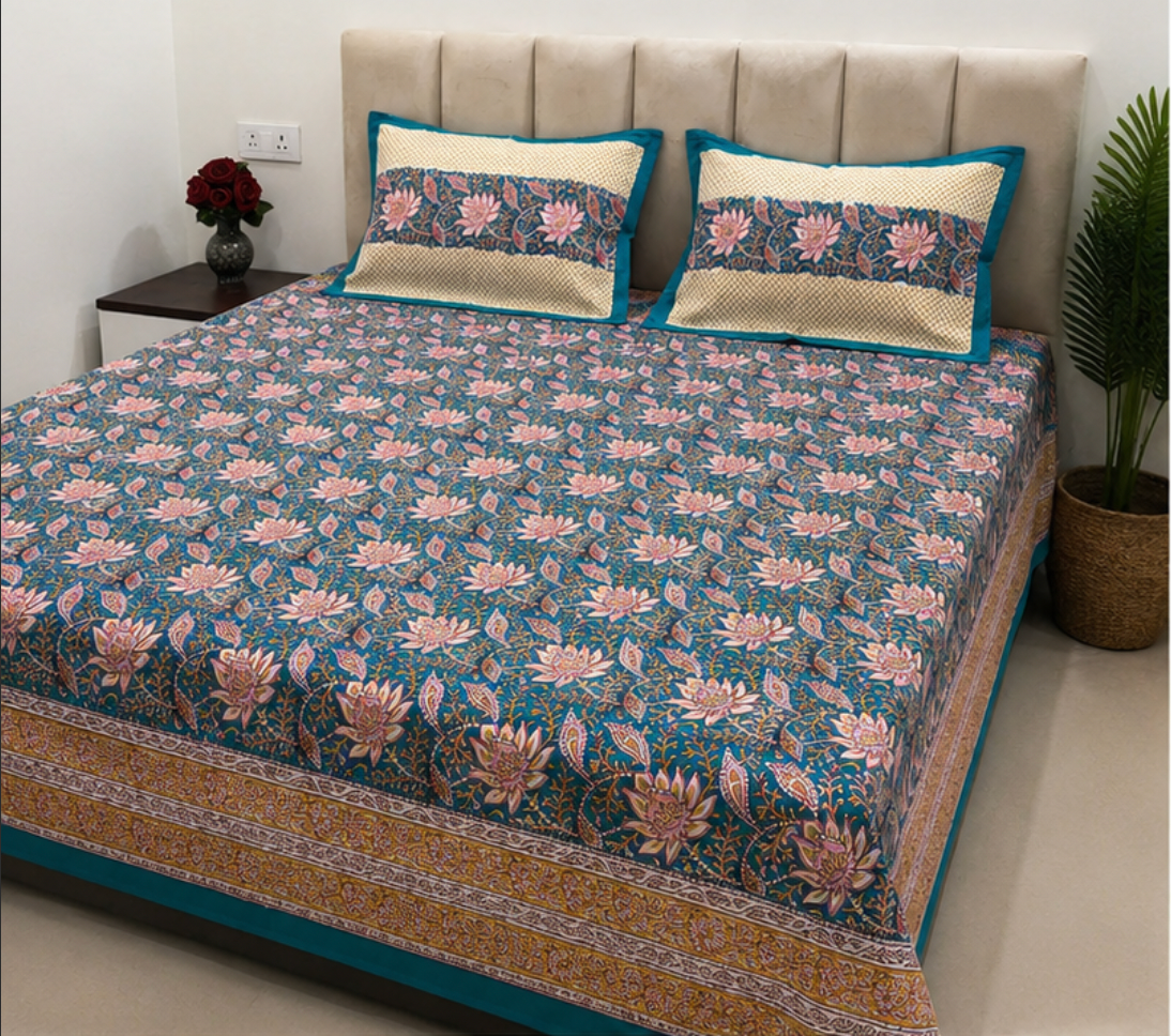 Lotus Garden Hand Block Printed Double Bedsheet with Pillow Covers