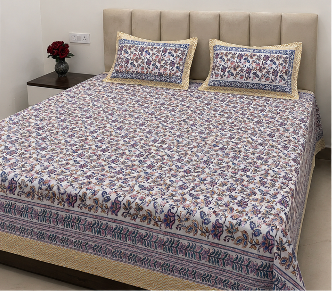 Royal Vine Hand Block Printed Double Bedsheet with Pillow Covers
