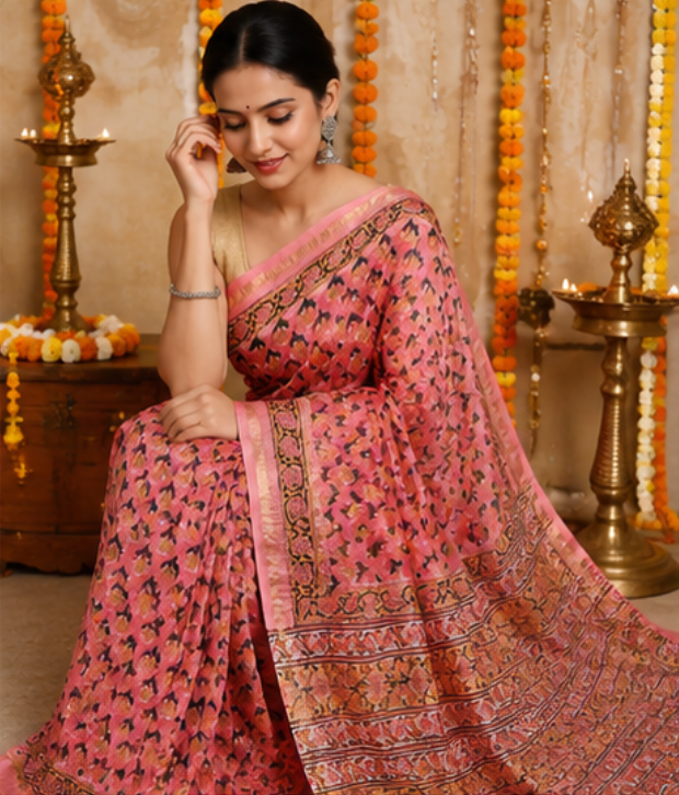Handblock Printed Pink Maheshwari Silk Saree