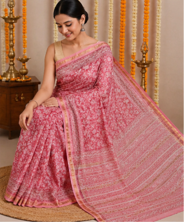 Handblock Printed Pink Maheshwari Silk Saree with Floral Weave