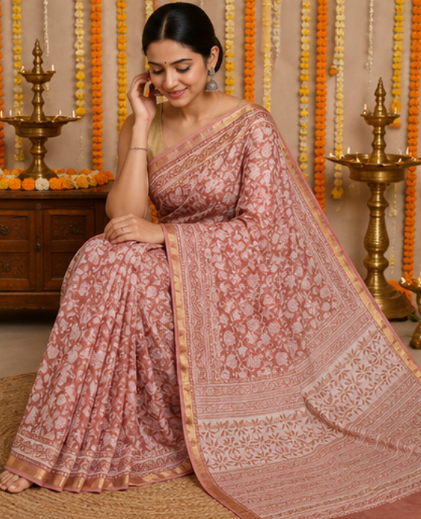 Handblock Printed Rose Pink Maheshwari Silk Saree