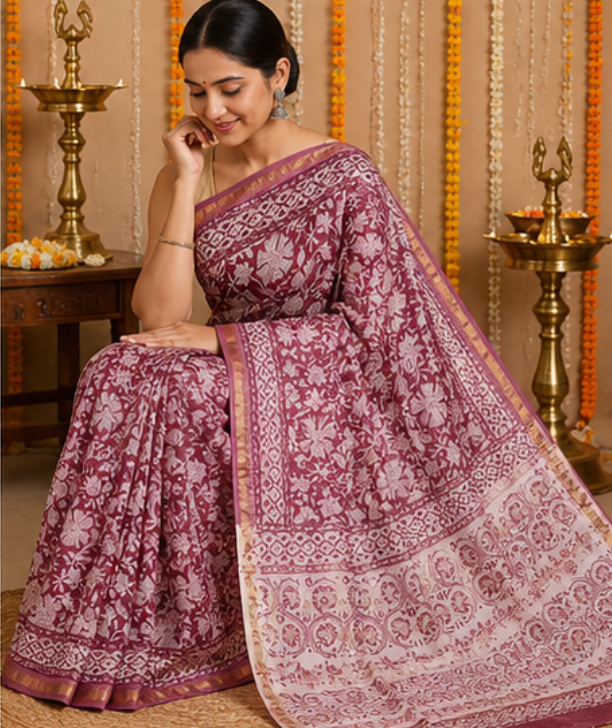 Handblock Printed Wine Pink Maheshwari Silk Saree