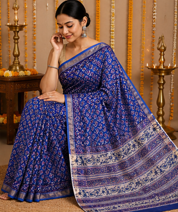 Handblock Printed Royal Blue Maheshwari Silk Saree