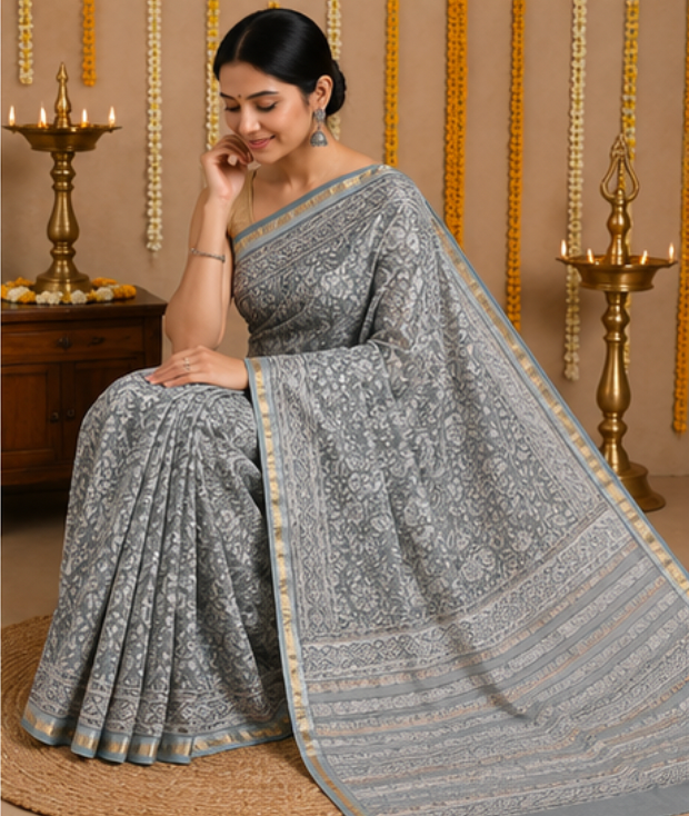 Handblock Printed Silver Grey Maheshwari Silk Saree