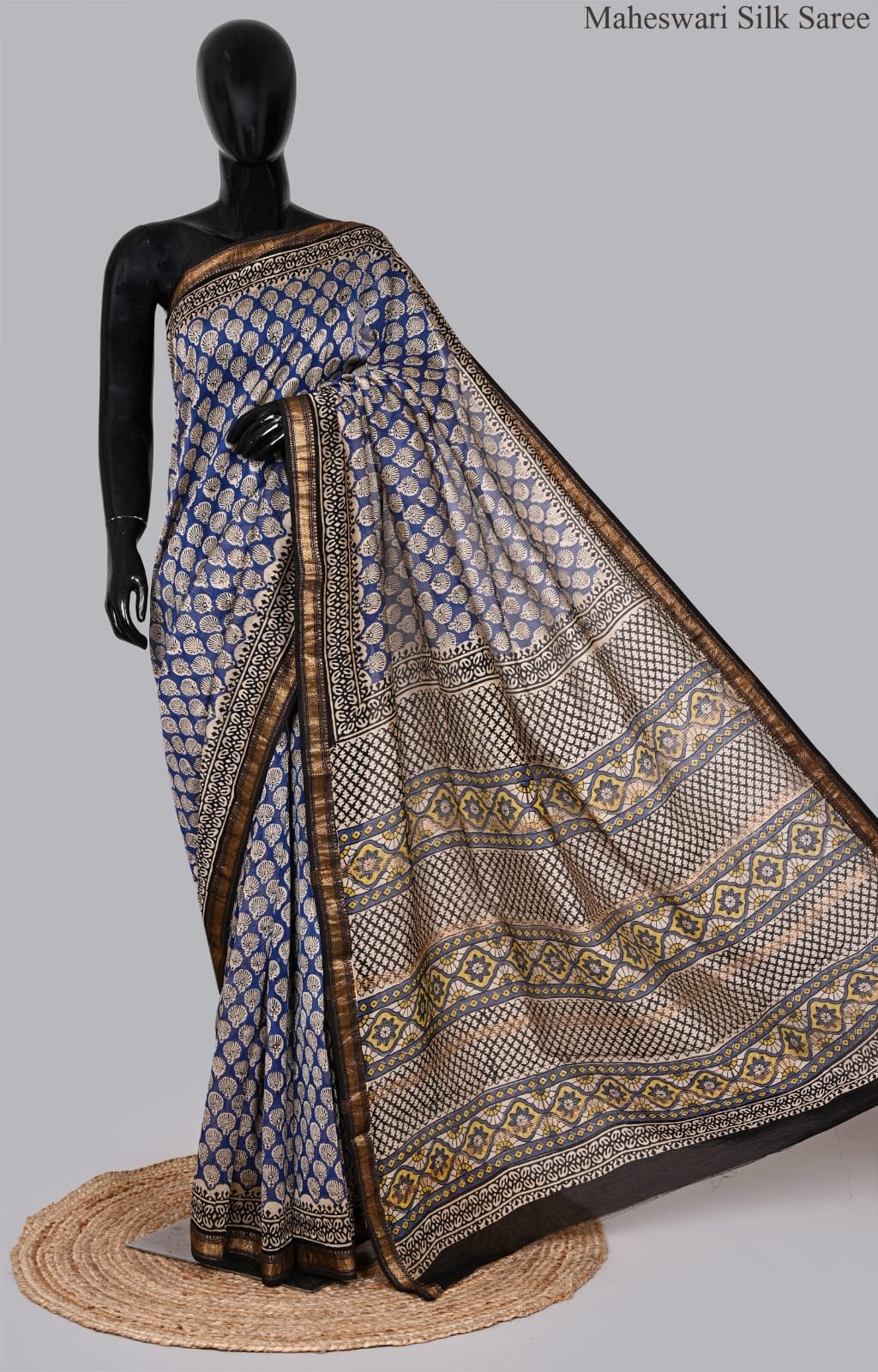 Royal Blue Maheswari Silk Saree with Traditional Block Prints