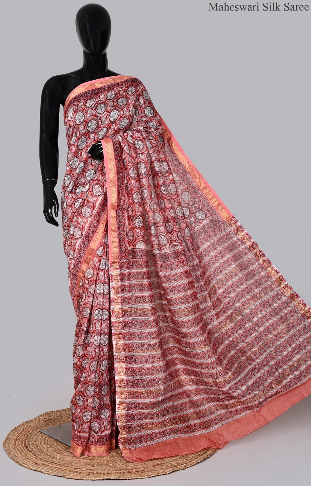 Peach Coral Maheswari Silk Saree with Circular Block Prints