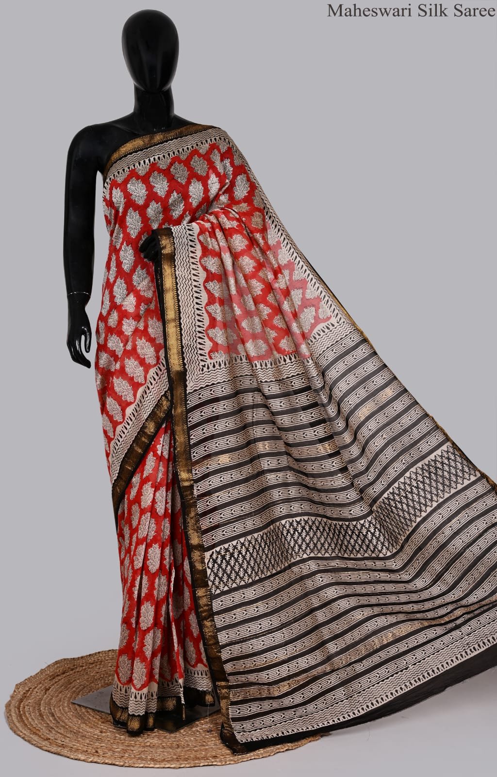 Elegant Maheswari Silk Saree in Red, Black & Cream