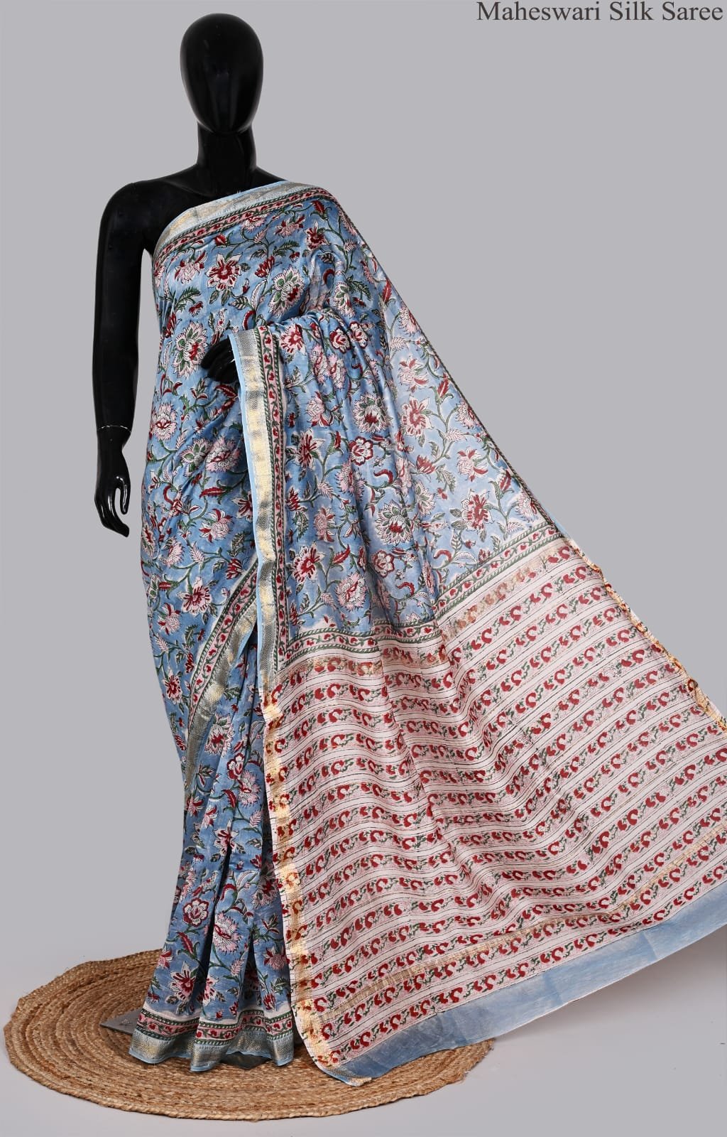 Serene Pastel Blue Maheswari Silk Saree with Floral Kalamkari Print