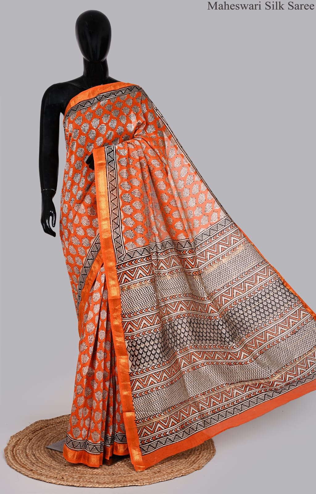 Vibrant Orange Maheswari Silk Saree with Geometric Block Prints