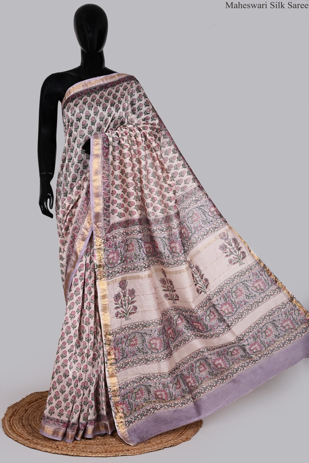 Elegant Off-White Maheswari Silk Saree with Mauve Floral Block Prints