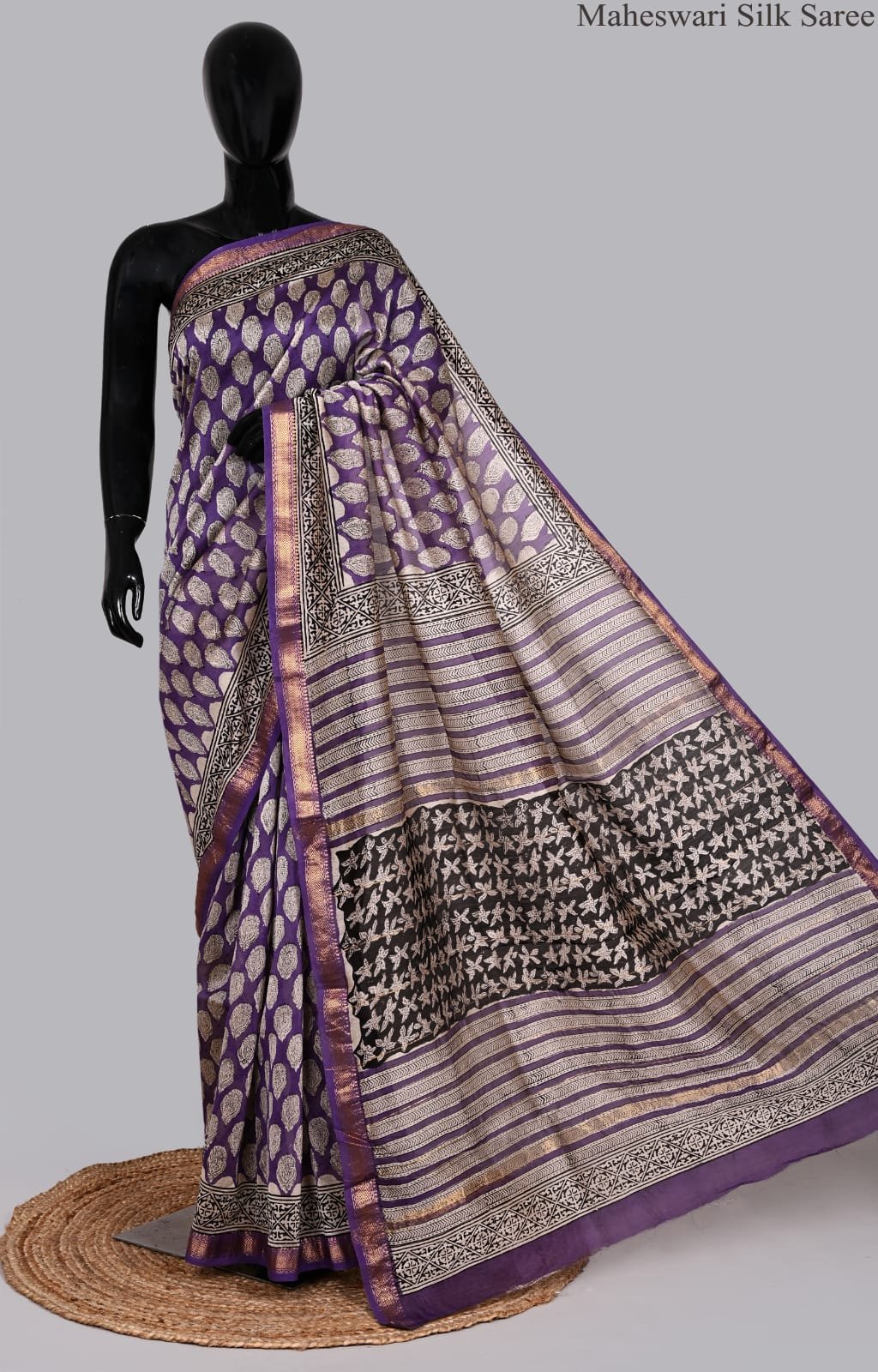Elegant Purple Maheswari Silk Saree with Traditional Block Prints
