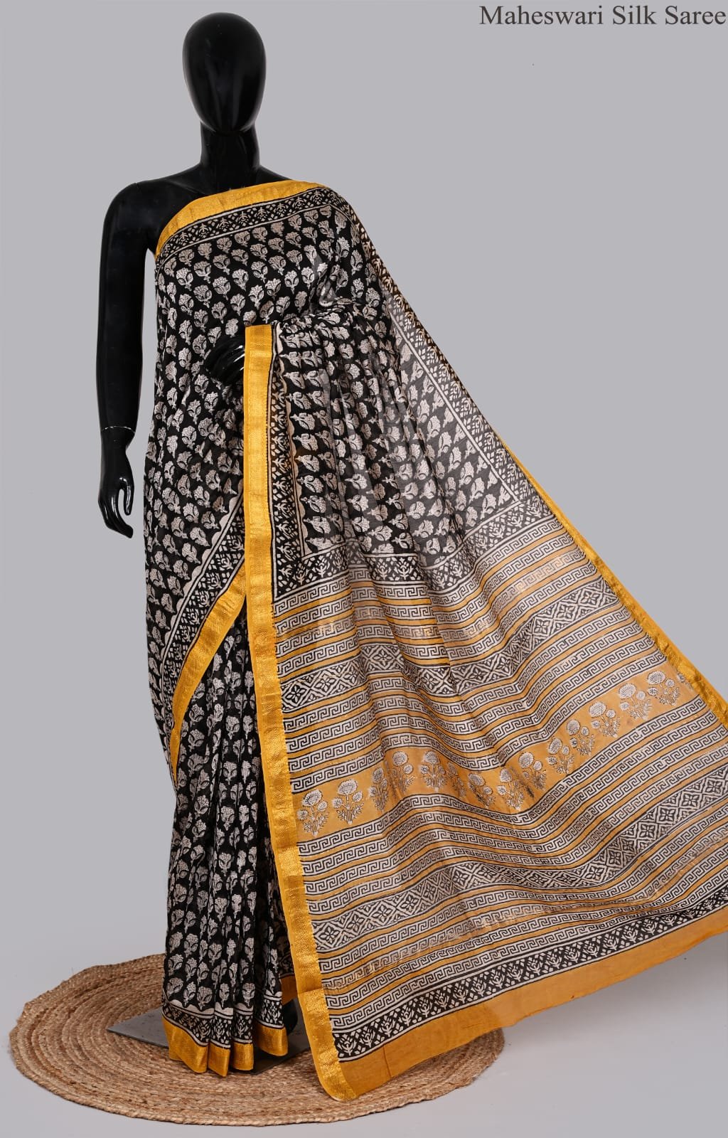 Classic Black and Mustard Maheswari Silk Saree with Block Prints