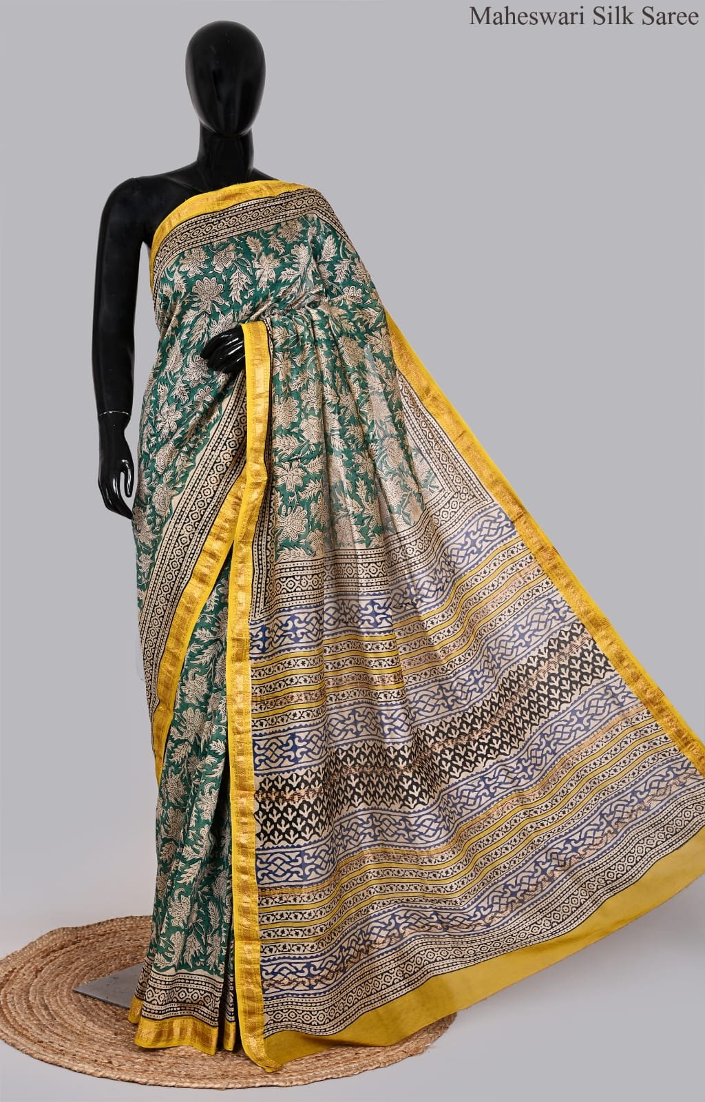 Regal Bottle Green Maheswari Silk Saree with Mustard Zari Border