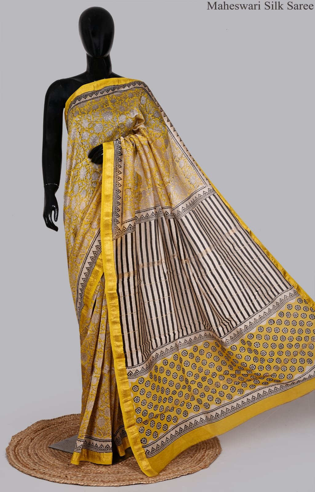 Vibrant Yellow and Cream Maheswari Silk Saree with Geometric Pallu