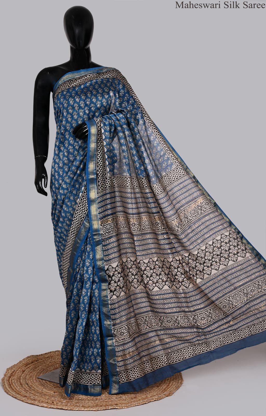 Regal Indigo Blue Maheswari Silk Saree with Traditional Block Prints