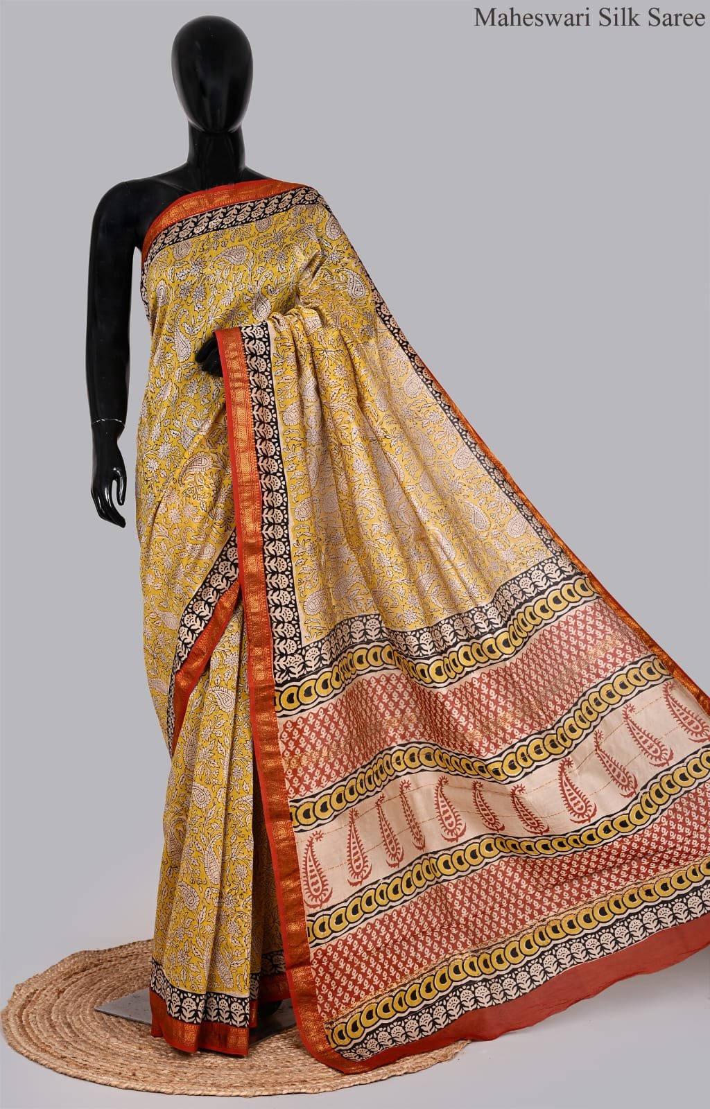 Stunning Yellow and Rust Maheswari Silk Saree with Paisley Pallu