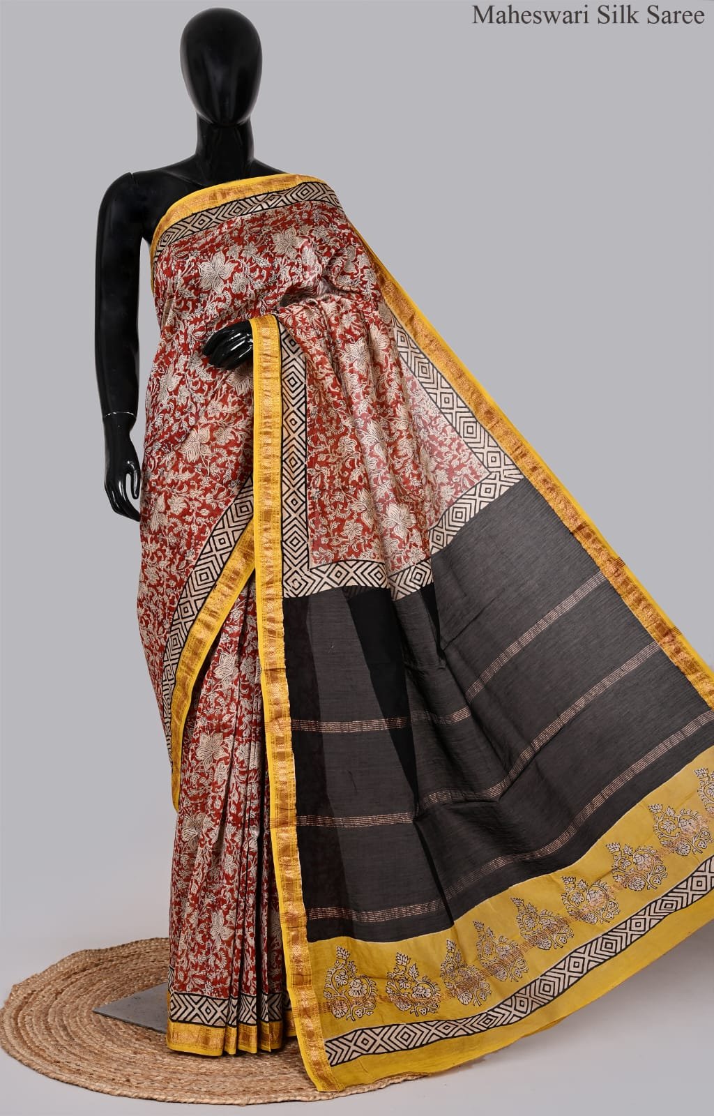 Elegant Brick Red Maheswari Silk Saree with Contrast Charcoal Pallu