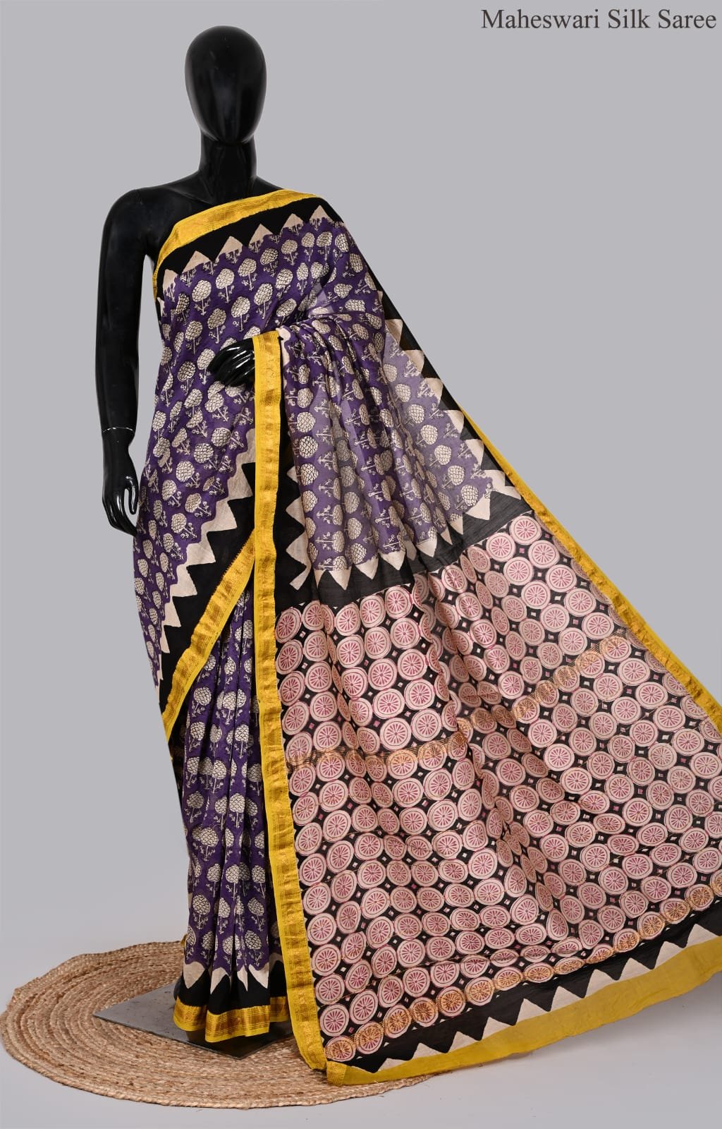 Regal Purple Maheswari Silk Saree with Geometric Circular Pallu