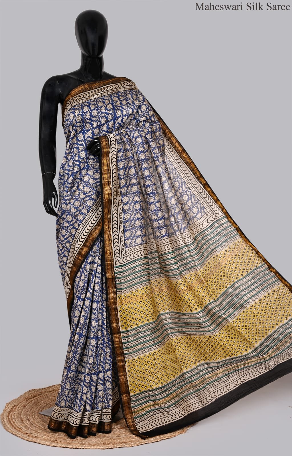 Elegant Blue and Yellow Maheswari Silk Saree