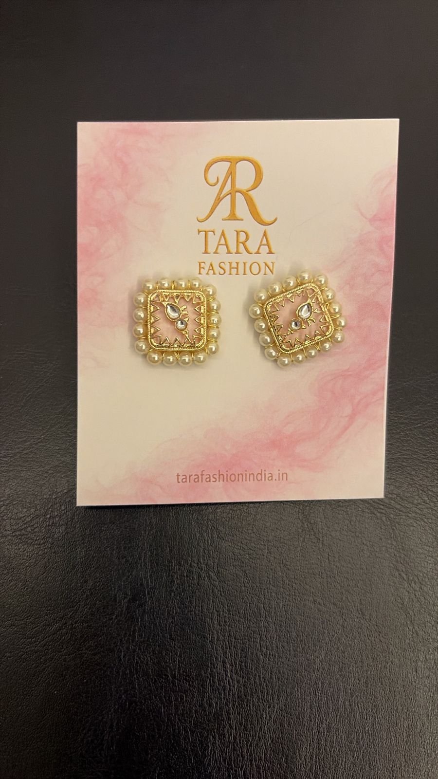Elegant Pastel Pink Square Kundan Stud Earrings with Pearl Border