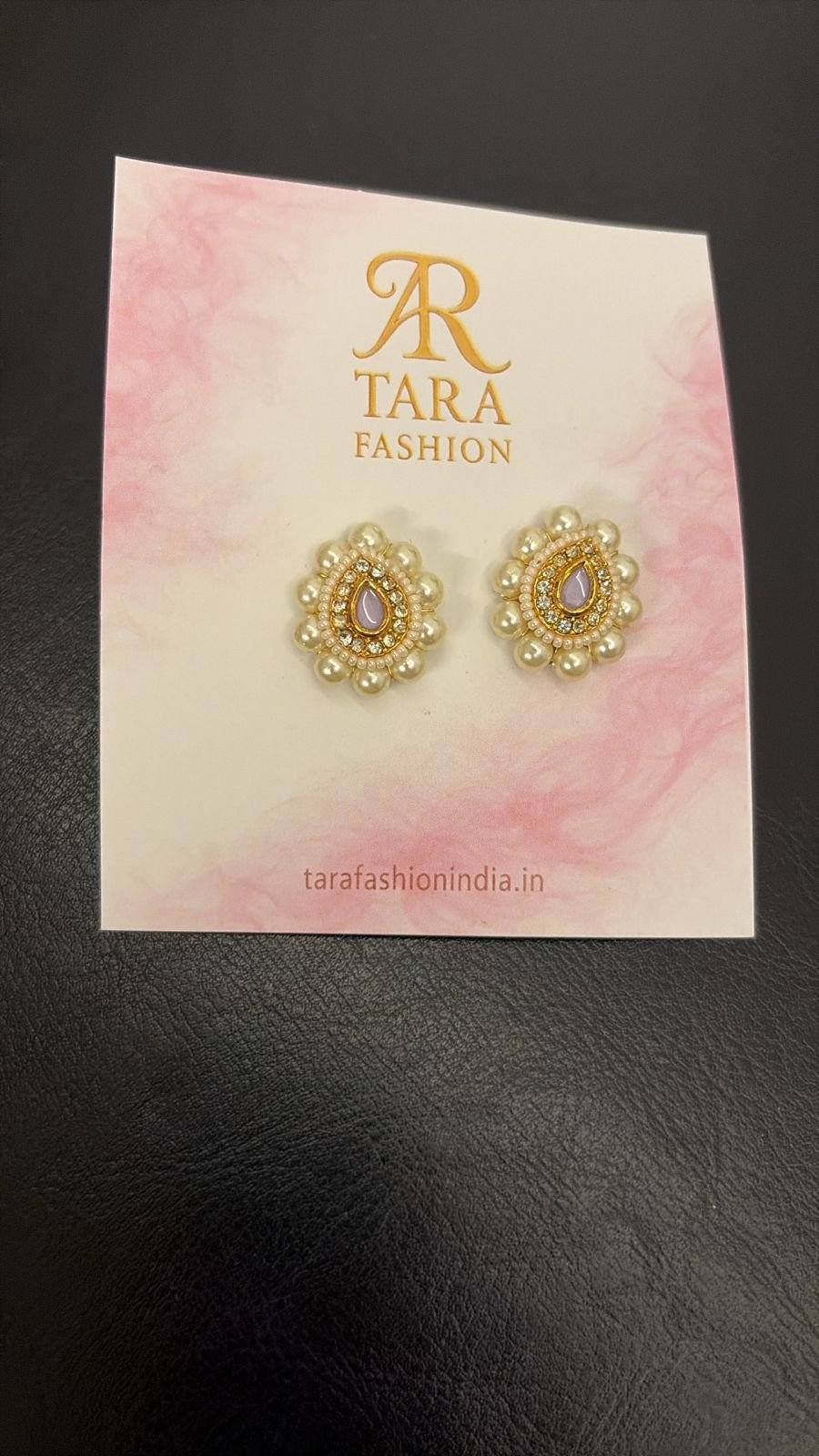 Lavender Teardrop Kundan Stud Earrings with Dual Pearl Border