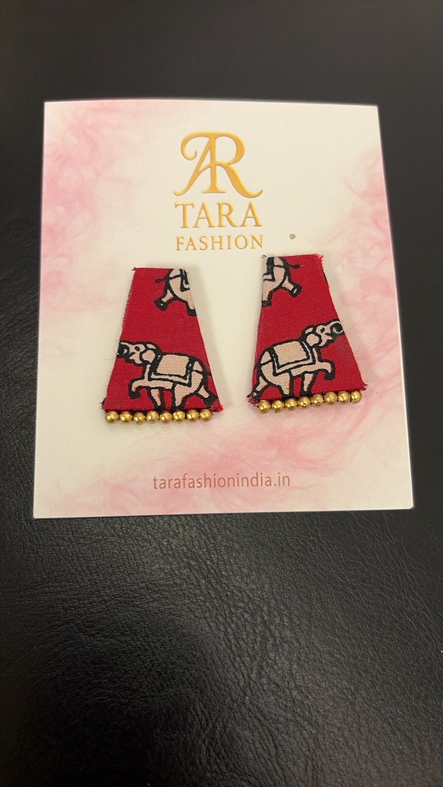 Quirky Red Block Print Elephant Trapezoid Fabric Earrings