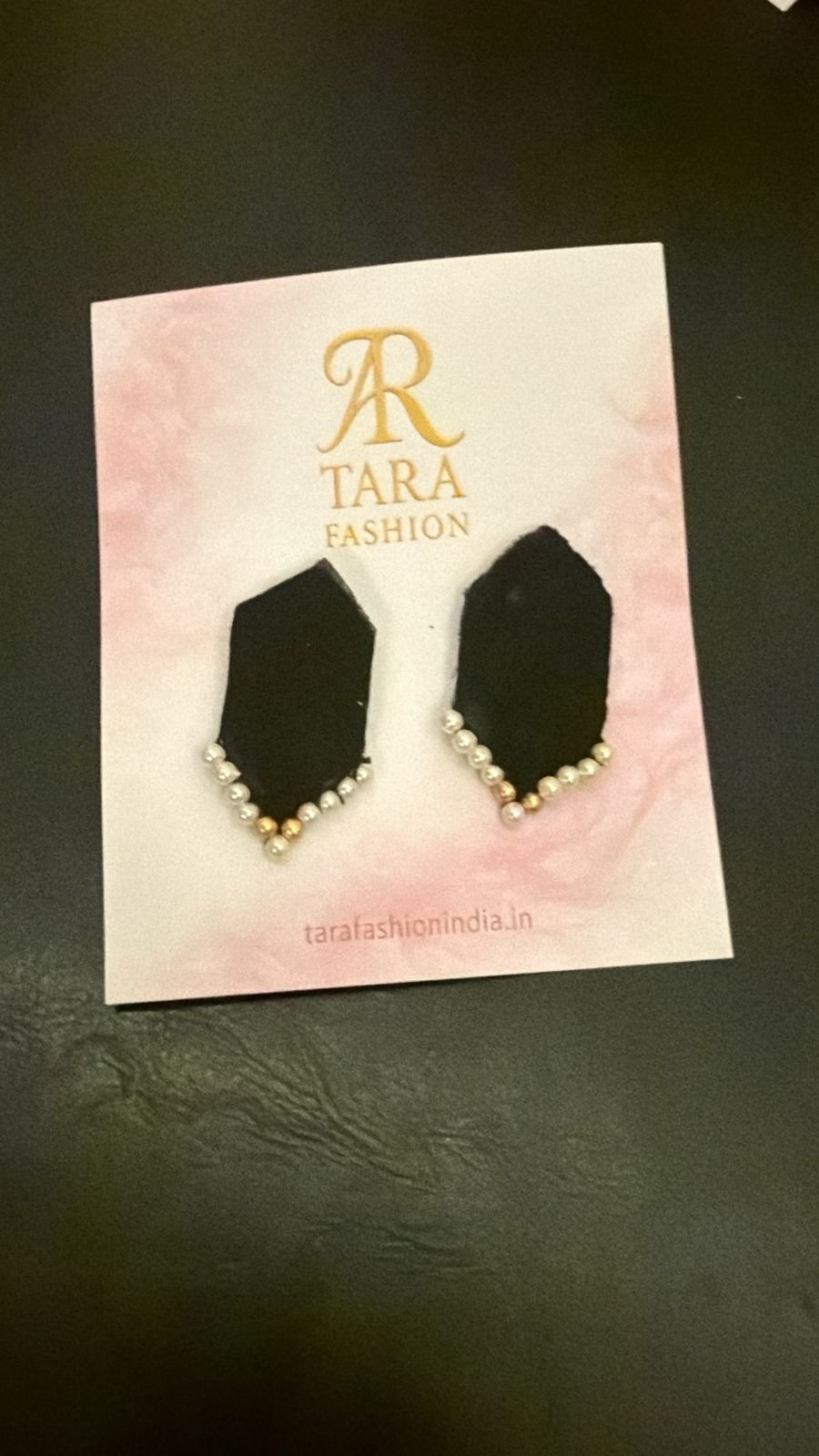 Jet Black Elongated Hexagon Fabric Stud Earrings with Pearl V-Trim