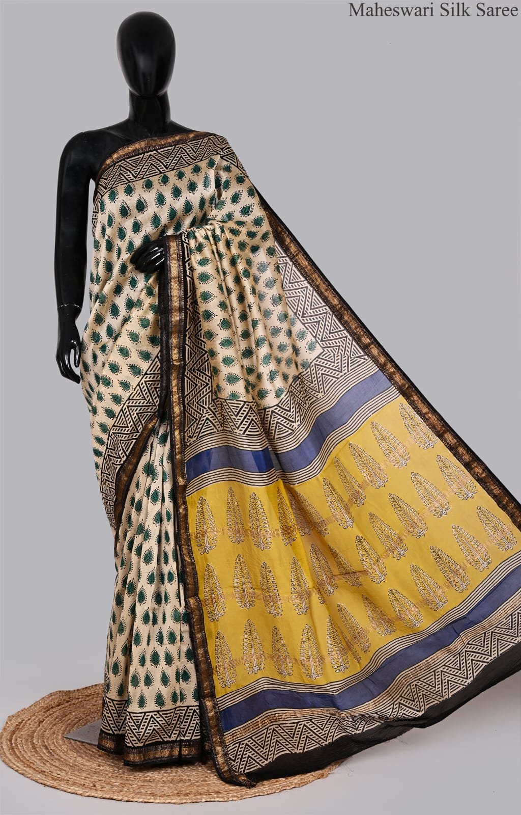 Off-White and Yellow Maheswari Silk Saree with Leaf Motifs