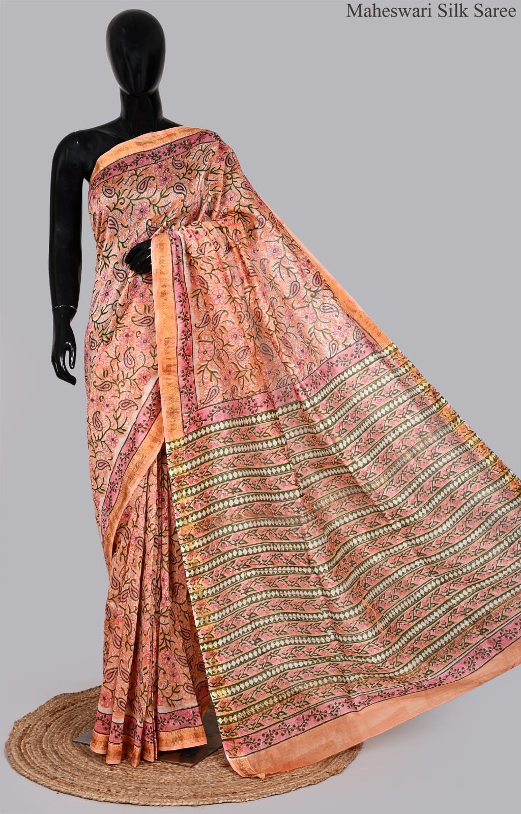 Pastel Peach and Pink Floral Maheswari Silk Saree