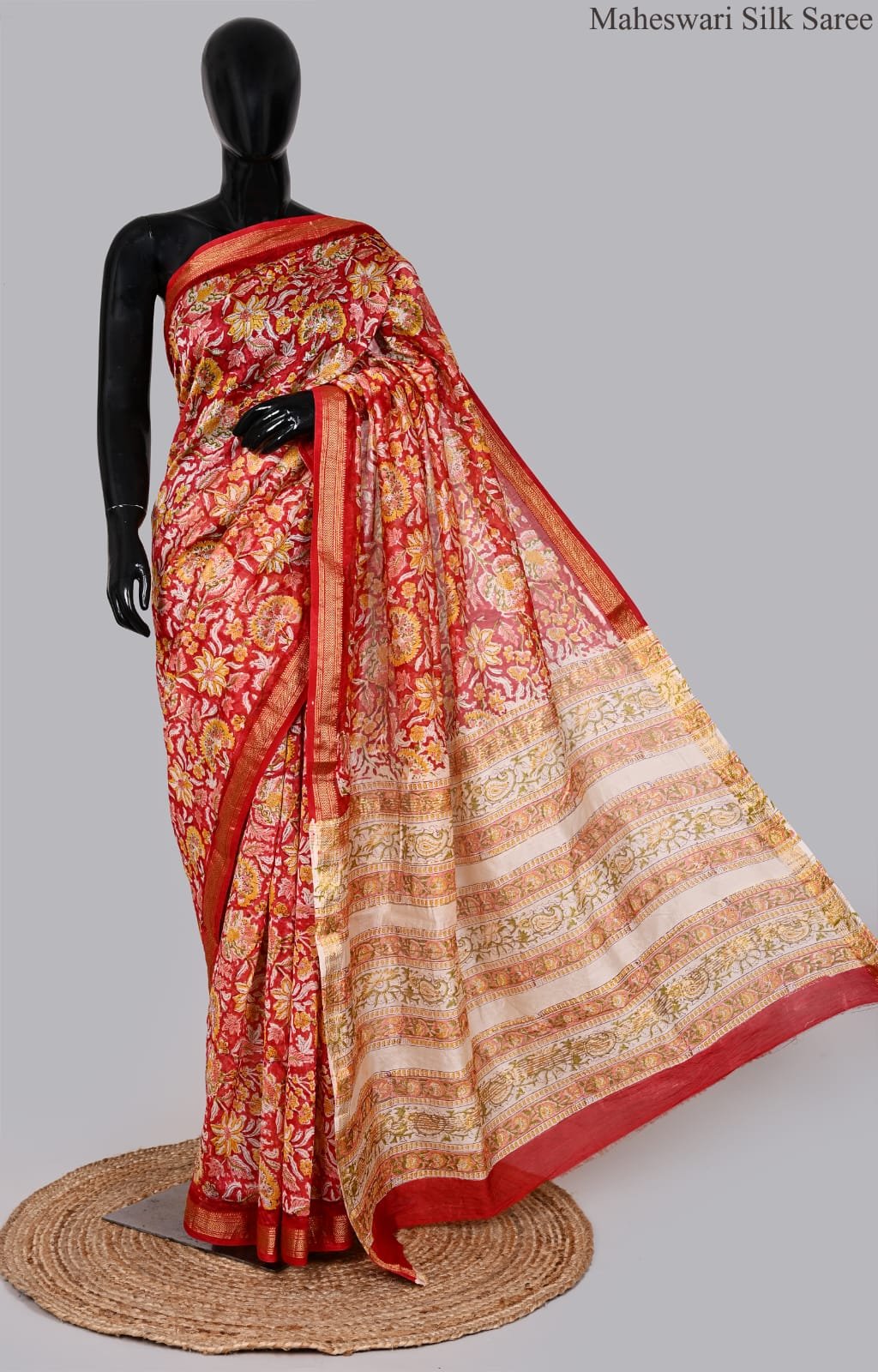 Elegant Red and Off-White Maheswari Silk Saree with Floral Kalamkari Prints
