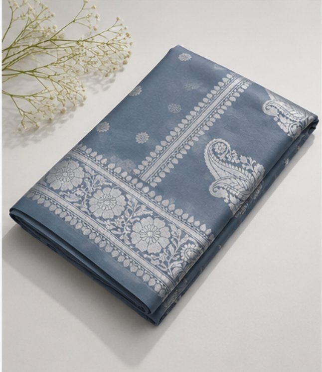Elegant Metallic Grey Katan Silk Banarasi Saree with Silver Zari Paisley Motifs view 2