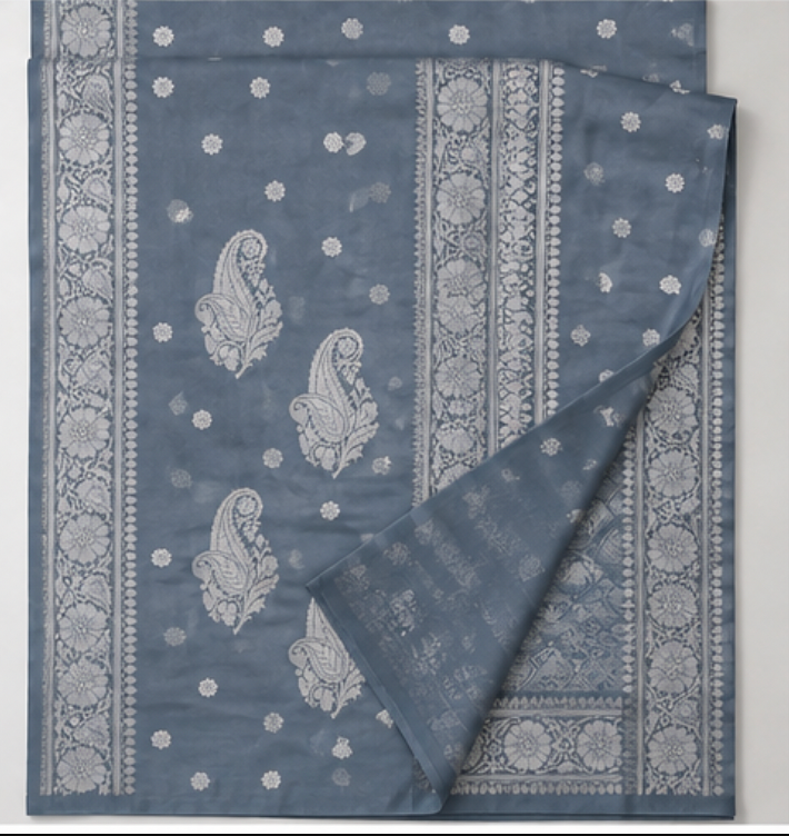 Elegant Metallic Grey Katan Silk Banarasi Saree with Silver Zari Paisley Motifs view 3