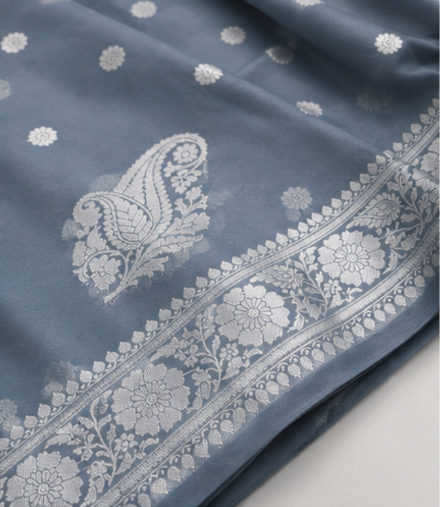 Elegant Metallic Grey Katan Silk Banarasi Saree with Silver Zari Paisley Motifs view 4