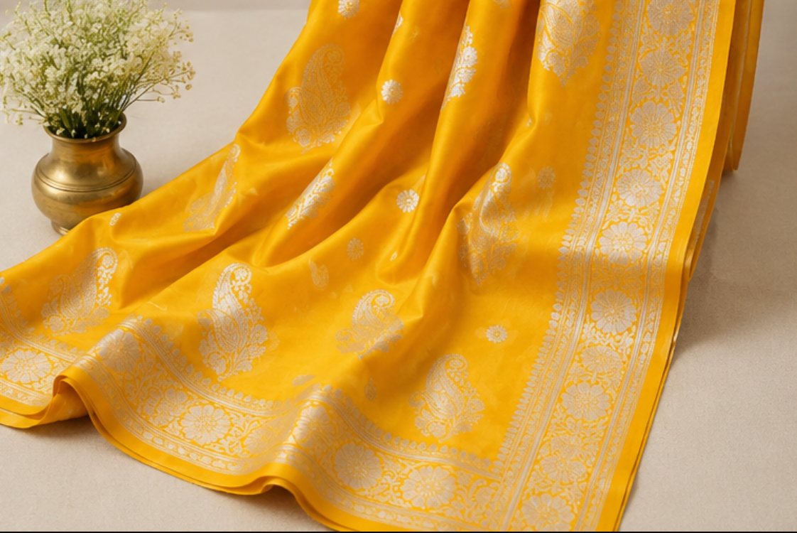 Radiant Mustard Yellow Georgette Banarasi Saree with Silver Zari Paisley Borders view 2