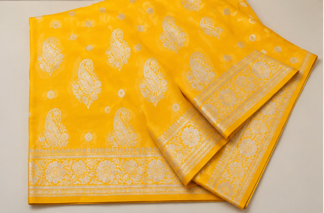 Radiant Mustard Yellow Georgette Banarasi Saree with Silver Zari Paisley Borders view 3