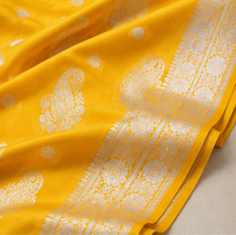 Radiant Mustard Yellow Georgette Banarasi Saree with Silver Zari Paisley Borders view 4