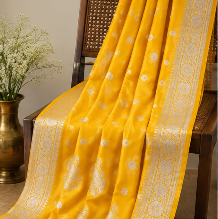 Radiant Mustard Yellow Georgette Banarasi Saree with Silver Zari Paisley Borders view 5