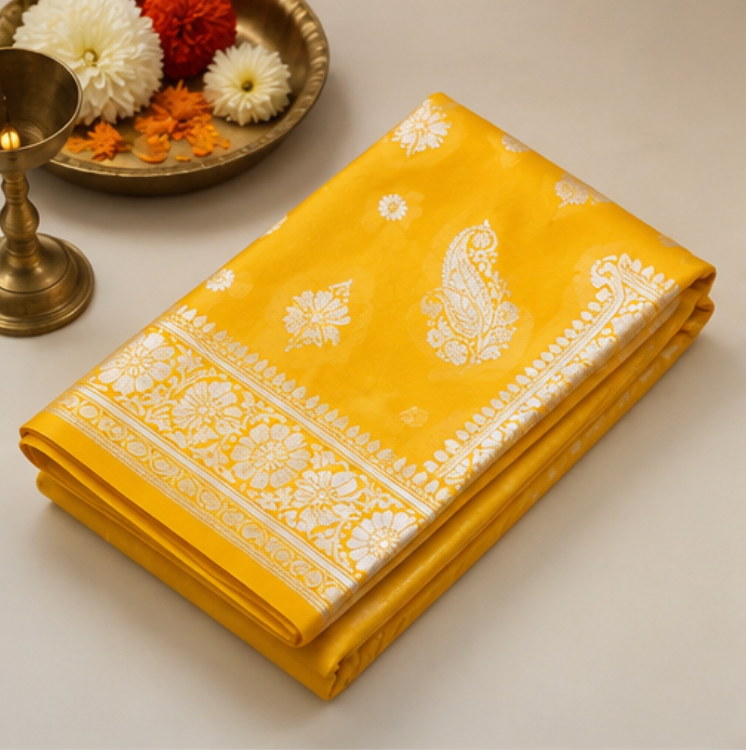 Radiant Mustard Yellow Georgette Banarasi Saree with Silver Zari Paisley Borders view 6