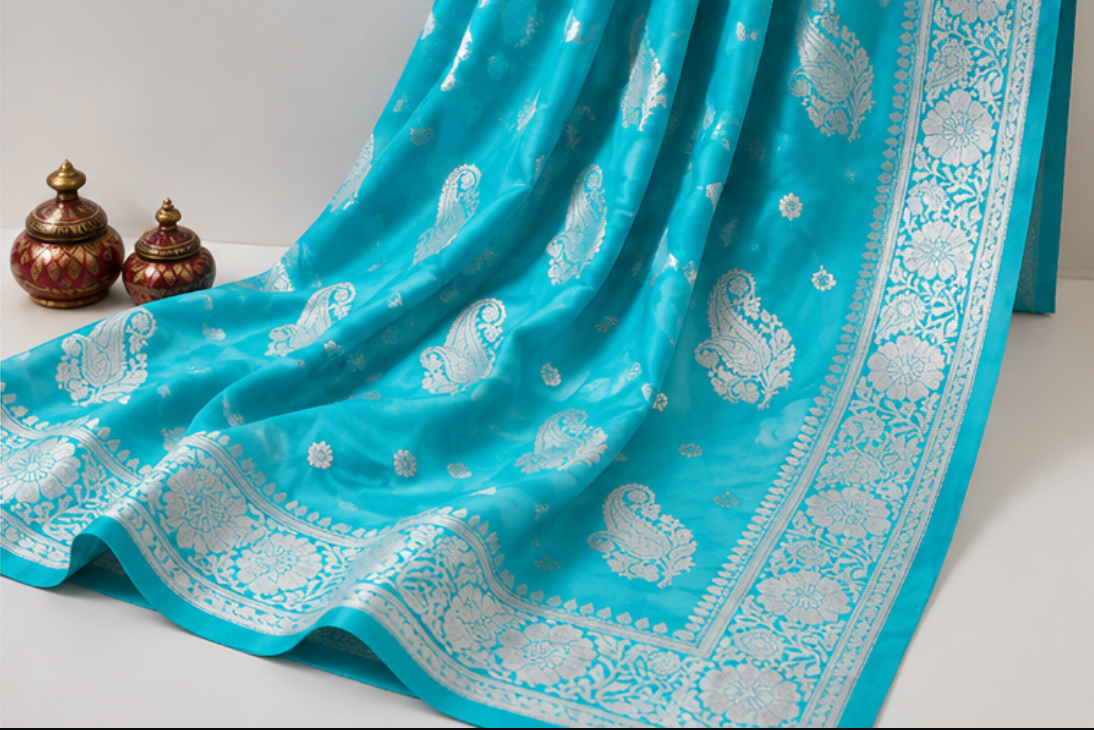 Enchanting Firozi Blue Katan Silk Banarasi Saree with Silver Zari Paisley Motifs view 2