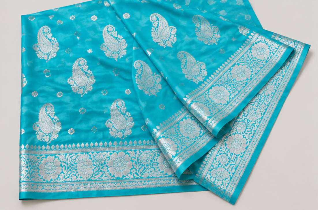 Enchanting Firozi Blue Katan Silk Banarasi Saree with Silver Zari Paisley Motifs view 3