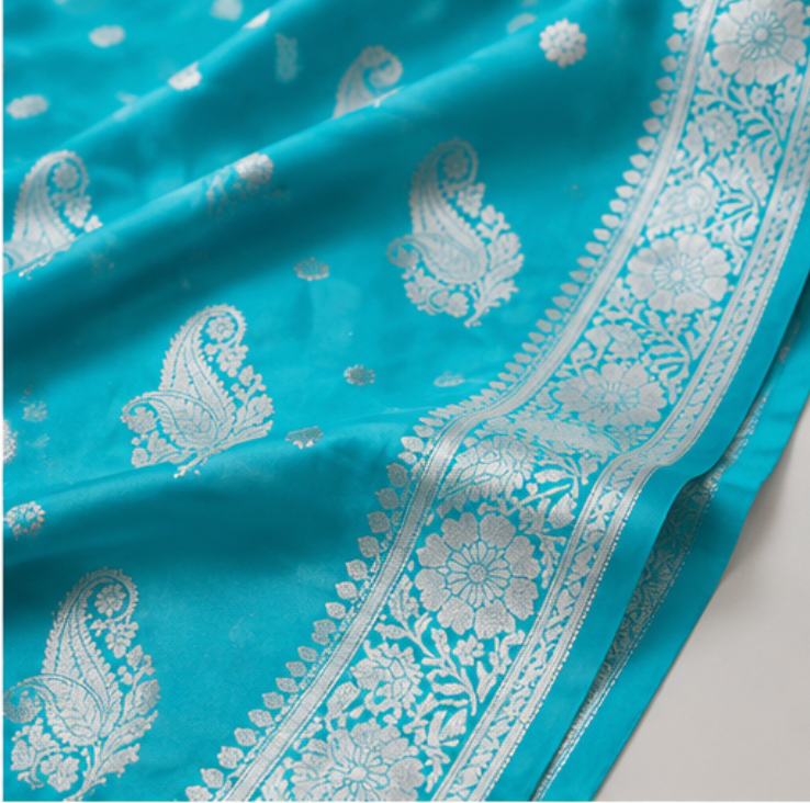 Enchanting Firozi Blue Katan Silk Banarasi Saree with Silver Zari Paisley Motifs view 4