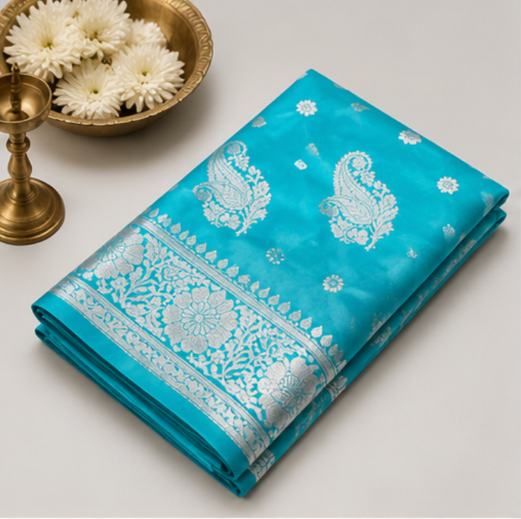 Enchanting Firozi Blue Katan Silk Banarasi Saree with Silver Zari Paisley Motifs view 6