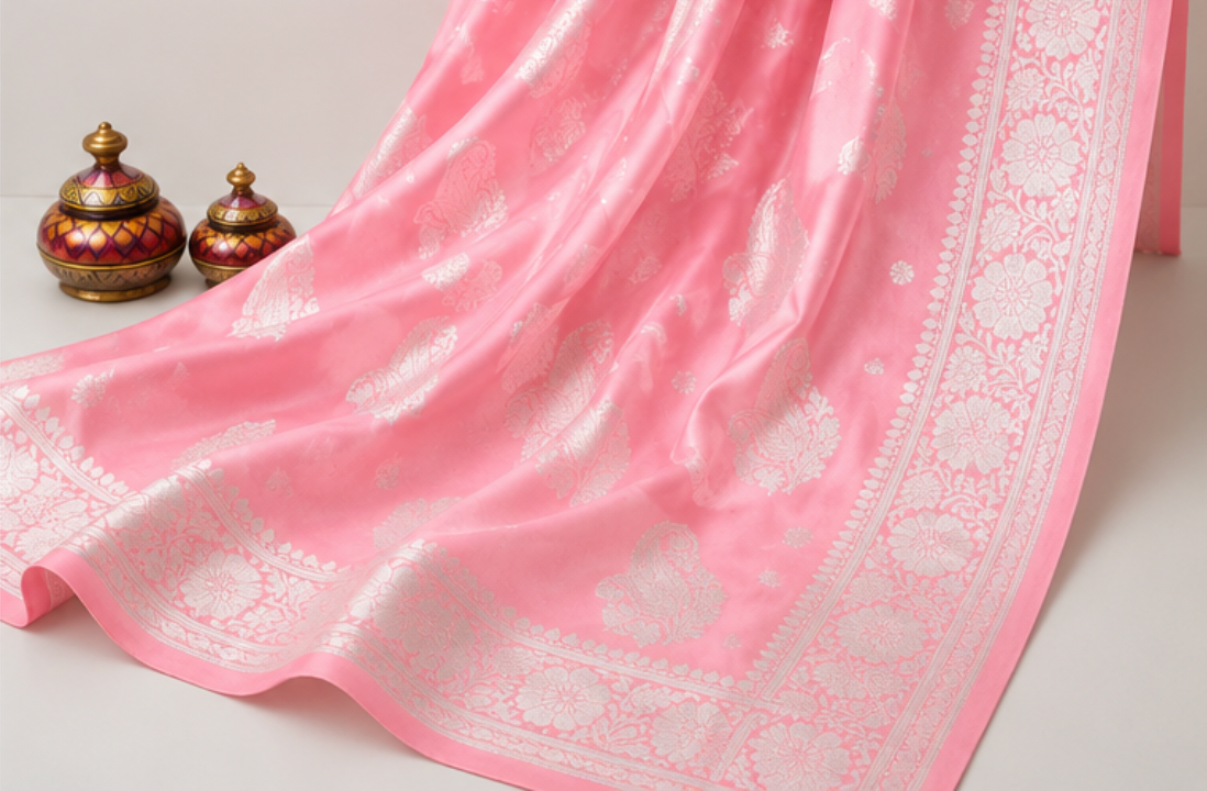 Elegant Pastel Pink Banarasi Katan Silk Saree with Silver Zari view 2