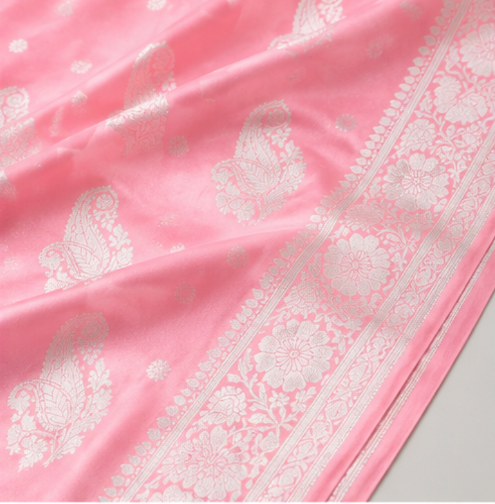 Elegant Pastel Pink Banarasi Katan Silk Saree with Silver Zari view 4