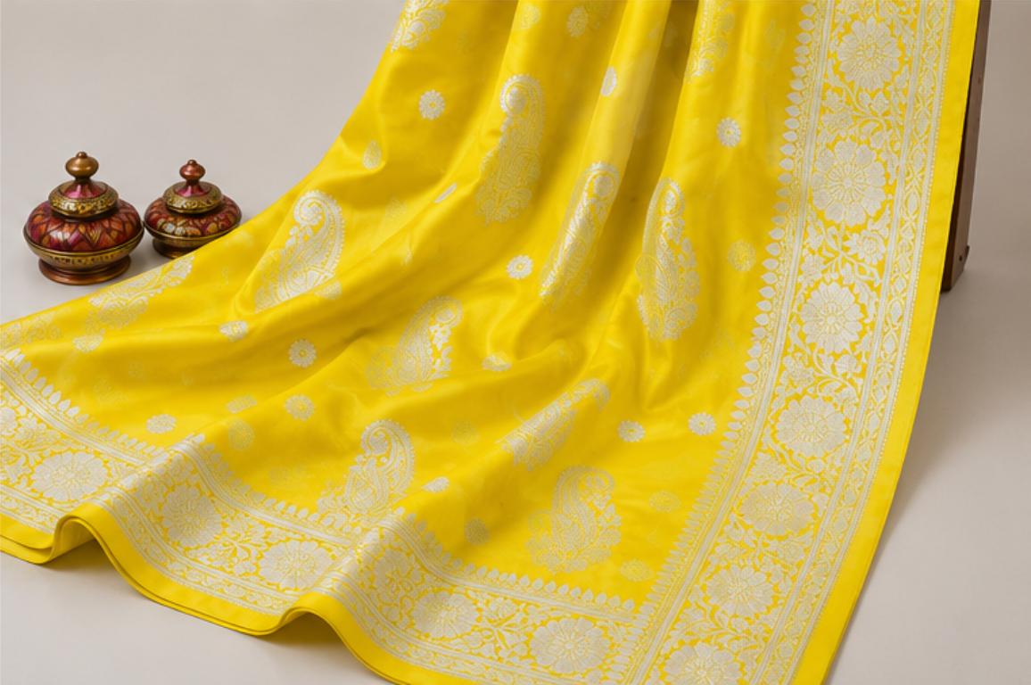Vibrant Yellow Katan Silk Banarasi Saree with Silver Zari Paisley Motifs view 2